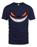 Evil Smile Red Eyes Monster Face Graphic T-Shirt - navy t-shirt on white background