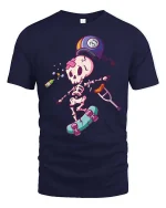 Funny Injured Skeleton Skateboard Cartoon Graphic T-Shirt - navy t-shirt on white background