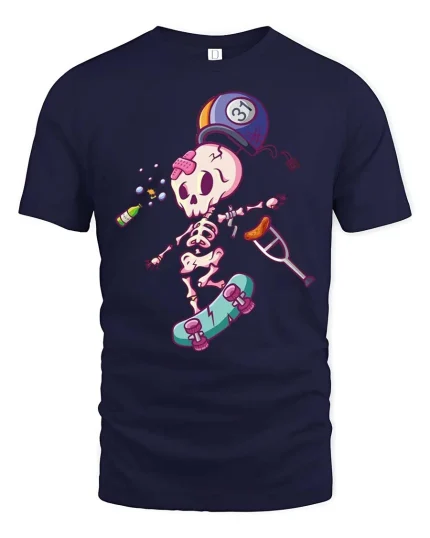 Funny Injured Skeleton Skateboard Cartoon Graphic T-Shirt - navy t-shirt on white background