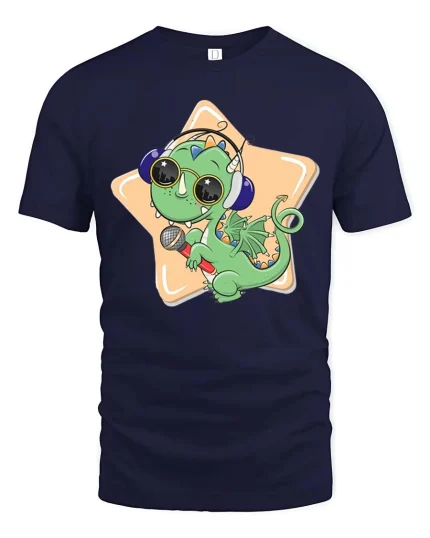 Cute Dragon Singer Cartoon Graphic T-Shirt - navy t-shirt on white background