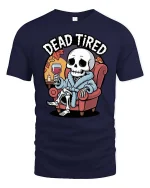 Dead Tired Funny Skeleton Relaxing Graphic T-Shirt - navy t-shirt on white background