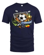 Soccer Fan Graphic T-Shirt Football Goal Trophy Sports Tee - navy t-shirt on white background
