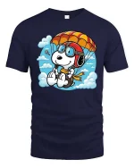 Cute Parachuting Dog Cartoon Graphic T-Shirt Skydiving Tee - navy t-shirt on white background