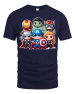 Cute Superhero Team Cartoon Graphic T-Shirt Chibi Hero Tee - navy t-shirt on white background