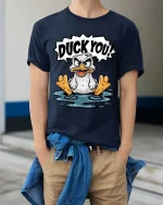 Duck You Funny Angry Duck Graphic T-Shirt Humor Cartoon Tee - model wearing navy tee with hands in pockets