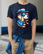 Patriotic Dog USA Flag Graphic T-Shirt American Dog Tee - model wearing navy tee with hands in pockets