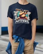 Heavy Hitters Funny Baseball Power Hitter Graphic T-Shirt - model wearing navy tee with hands in pockets