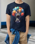 Cute Zebra Balloon Party Cartoon Graphic T-Shirt - model wearing navy tee with hands in pockets