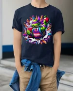 Funny Turtle Back To School Cartoon Graphic T-Shirt - model wearing navy tee with hands in pockets