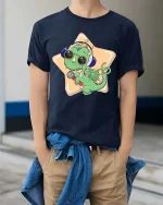Cute Dragon Singer Cartoon Graphic T-Shirt - model wearing navy tee with hands in pockets