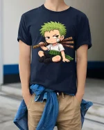 Cute Anime Style Sword Fighter Cartoon Graphic T-Shirt - model wearing navy tee with hands in pockets