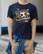 Soccer Fan Graphic T-Shirt Football Goal Trophy Sports Tee - model wearing navy tee with hands in pockets