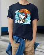 Cute Parachuting Dog Cartoon Graphic T-Shirt Skydiving Tee - model wearing navy tee with hands in pockets