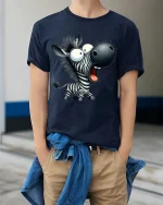 Funny Cartoon Zebra Graphic T-Shirt Cute Animal Humor Tee - model wearing navy tee with hands in pockets