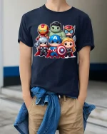 Cute Superhero Team Cartoon Graphic T-Shirt Chibi Hero Tee - model wearing navy tee with hands in pockets