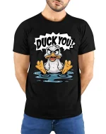 Duck You Funny Angry Duck Graphic T-Shirt Humor Cartoon Tee - model wearing black tee with hands behind back