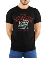 Bearly Working Funny Bear Relaxing Graphic T-Shirt - model wearing black tee with hands behind back