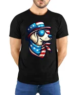 Patriotic Dog USA Flag Graphic T-Shirt American Dog Tee - model wearing black tee with hands behind back