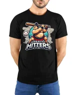 Heavy Hitters Funny Baseball Power Hitter Graphic T-Shirt - model wearing black tee with hands behind back