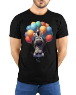 Cute Zebra Balloon Party Cartoon Graphic T-Shirt - model wearing black tee with hands behind back