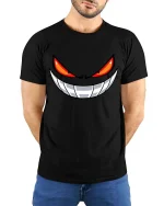 Evil Smile Red Eyes Monster Face Graphic T-Shirt - model wearing black tee with hands behind back