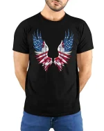 Patriotic American Flag Angel Wings Graphic T-Shirt - model wearing black tee with hands behind back