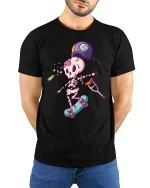 Funny Injured Skeleton Skateboard Cartoon Graphic T-Shirt - model wearing black tee with hands behind back
