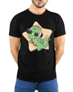 Cute Dragon Singer Cartoon Graphic T-Shirt - model wearing black tee with hands behind back