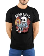 Dead Tired Funny Skeleton Relaxing Graphic T-Shirt - model wearing black tee with hands behind back