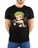 Cute Anime Style Sword Fighter Cartoon Graphic T-Shirt - model wearing black tee with hands behind back