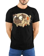 Funny Frankenpug Cartoon Graphic T-Shirt Cute Pug Tee - model wearing black tee with hands behind back