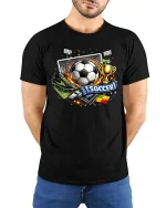 Soccer Fan Graphic T-Shirt Football Goal Trophy Sports Tee - model wearing black tee with hands behind back