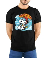 Cute Parachuting Dog Cartoon Graphic T-Shirt Skydiving Tee - model wearing black tee with hands behind back