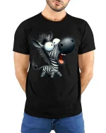 Funny Cartoon Zebra Graphic T-Shirt Cute Animal Humor Tee - model wearing black tee with hands behind back