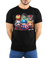 Cute Superhero Team Cartoon Graphic T-Shirt Chibi Hero Tee - model wearing black tee with hands behind back