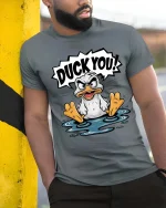 Duck You Funny Angry Duck Graphic T-Shirt Humor Cartoon Tee - model wearing grey tee, leaning on column