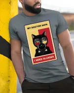 Funny Cat Wine Glasses Pun Graphic T-Shirt - model wearing grey tee, leaning on column