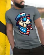 Patriotic Dog USA Flag Graphic T-Shirt American Dog Tee - model wearing grey tee, leaning on column
