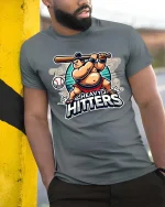 Heavy Hitters Funny Baseball Power Hitter Graphic T-Shirt - model wearing grey tee, leaning on column