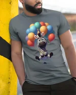 Cute Zebra Balloon Party Cartoon Graphic T-Shirt - model wearing grey tee, leaning on column