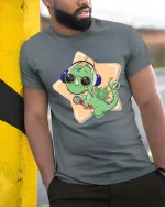 Cute Dragon Singer Cartoon Graphic T-Shirt - model wearing grey tee, leaning on column