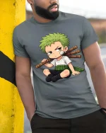 Cute Anime Style Sword Fighter Cartoon Graphic T-Shirt - model wearing grey tee, leaning on column