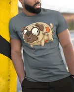 Funny Frankenpug Cartoon Graphic T-Shirt Cute Pug Tee - model wearing grey tee, leaning on column