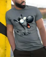 Funny Cartoon Zebra Graphic T-Shirt Cute Animal Humor Tee - model wearing grey tee, leaning on column