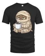 Funny Tired Mummy Coffee T-Shirt Cute Halloween Monster - black t-shirt on white background