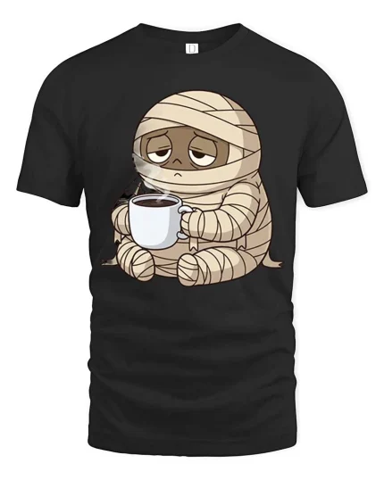 Funny Tired Mummy Coffee T-Shirt Cute Halloween Monster - black t-shirt on white background