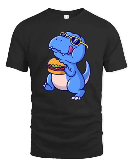 Funny Dinosaur Eating Burger T-Shirt Cool Dino Food Tee - black t-shirt on white background