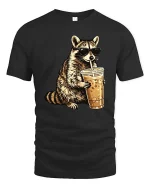 Cool Raccoon Iced Coffee T-Shirt Funny Animal Drink Tee - black t-shirt on white background