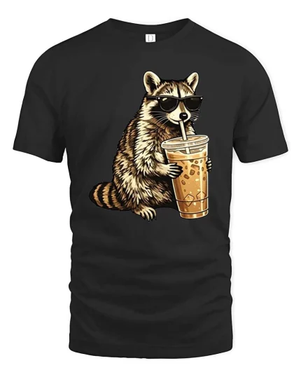Cool Raccoon Iced Coffee T-Shirt Funny Animal Drink Tee - black t-shirt on white background
