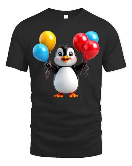 Cute Penguin With Balloons T-Shirt Funny Party Animal Tee - black t-shirt on white background